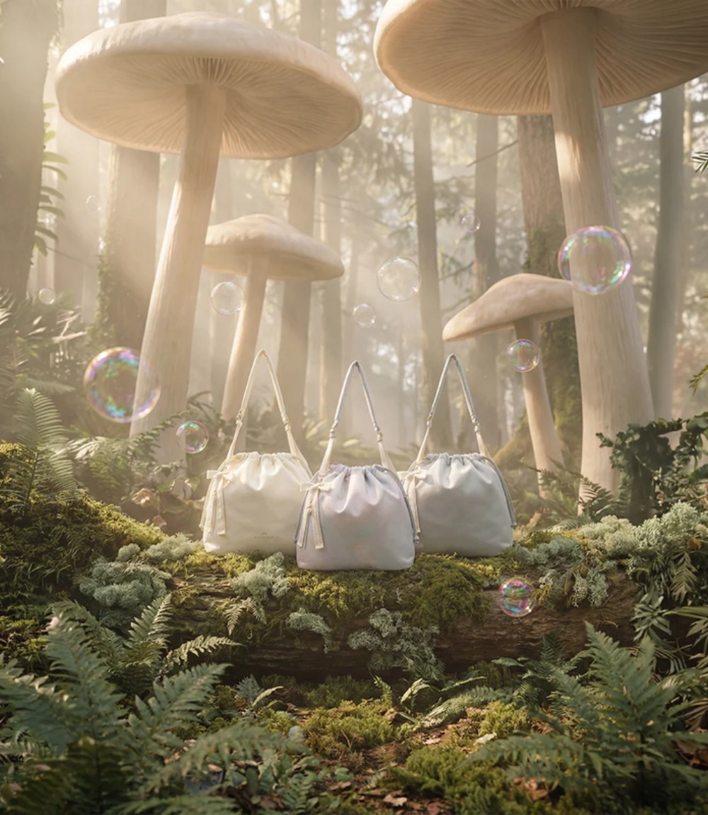 Drei helle Doughnut Canelé Beuteltaschen in einem märchenhaften Wald